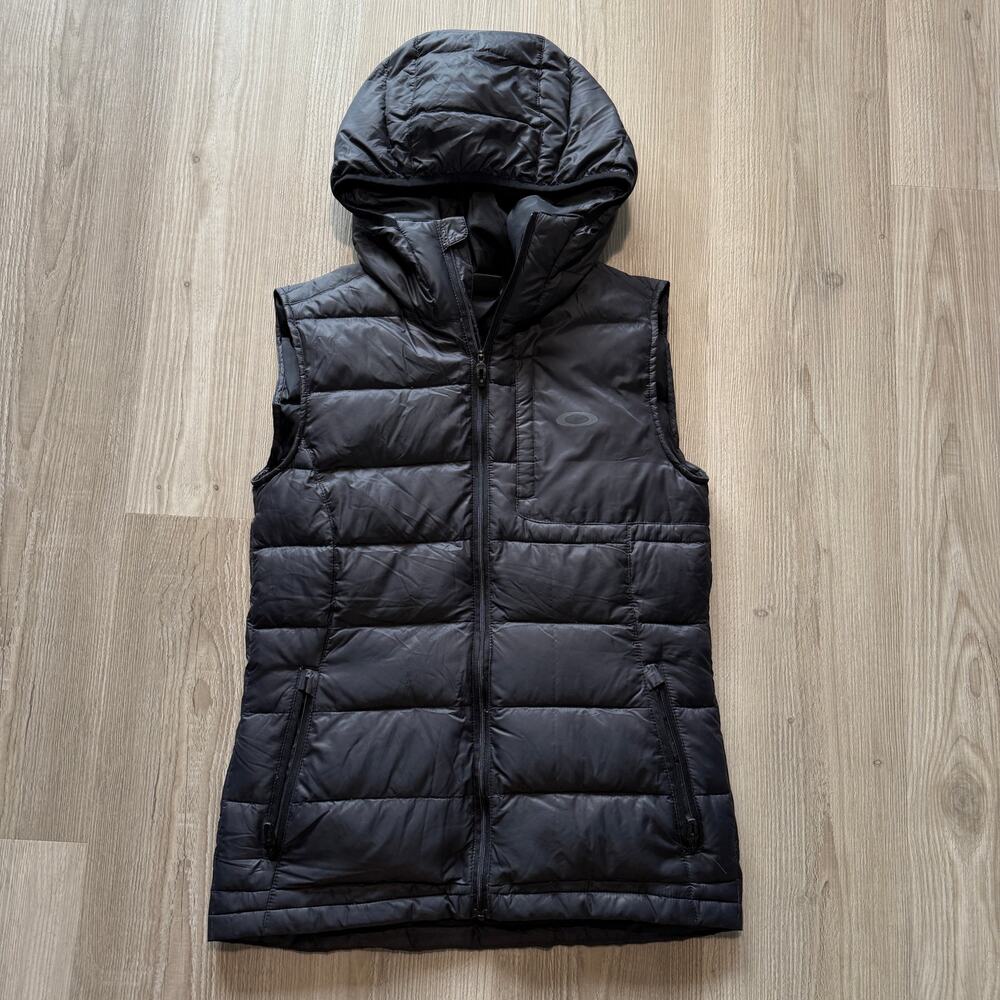 Women's Oakley Black Zip Up Puffer Duck Down Full Lightweight Vest Jacket Sz XS